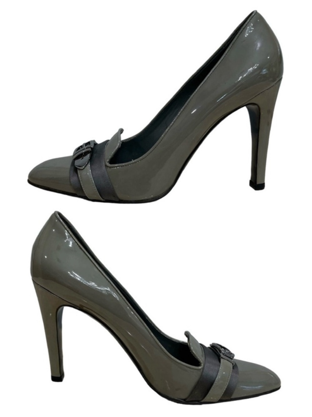GUCCI Olive Green Gray Patent Leather Buckle Pumps US 10 B - Picture 8 of 14